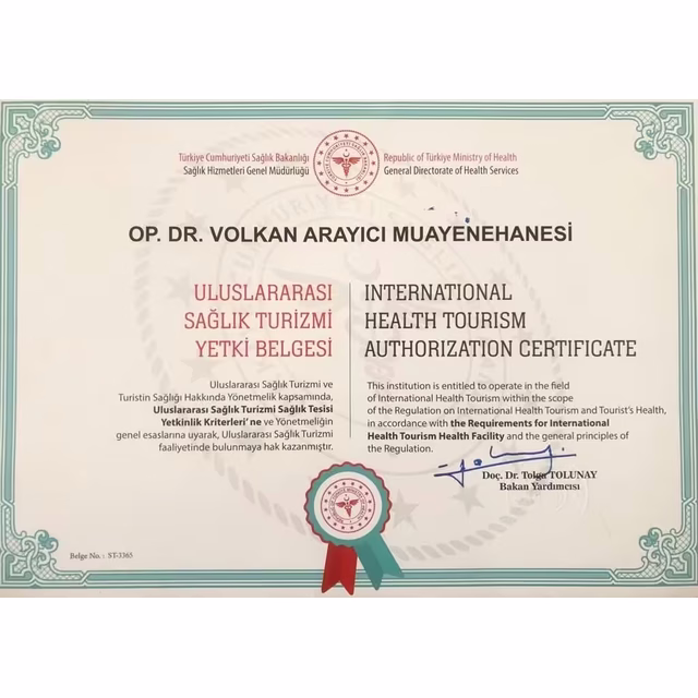 Zulassung für internationalen Gesundheitstourismus der Praxis von Op. Dr. Volkan Arayıcı